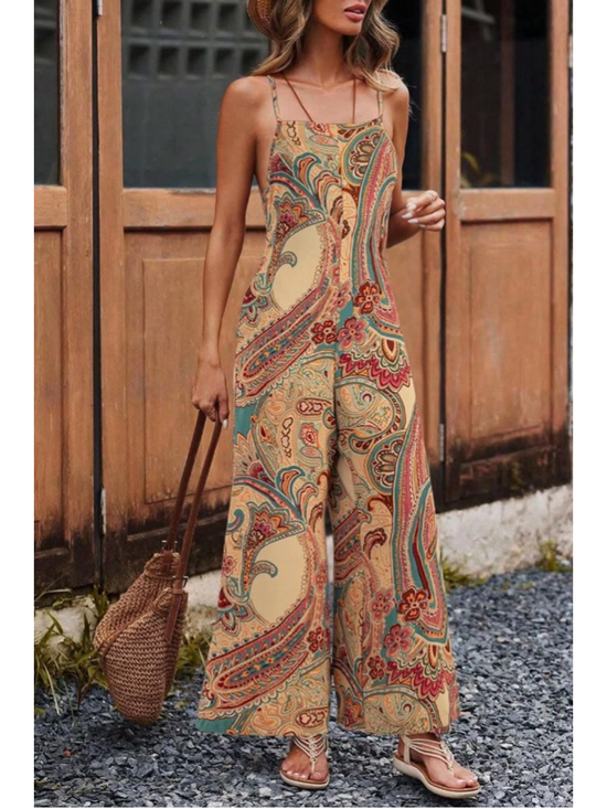 T&C APPAREL Pants - T&C APPAREL Paisley Print Beige Teal Jumpsuit Size M